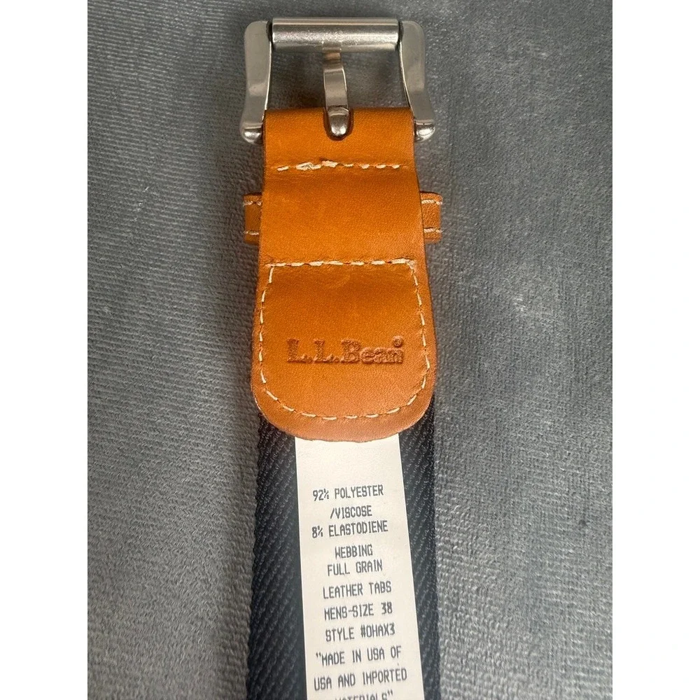 L.L.Bean Stretch Web Belt Navy Tan Stripe Full Grain Leather Trim Size 38 USA